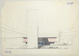 Plano proyecto edificio Asamblea Legislativa. Provincia de San José. Fachada lateral. Material: p...