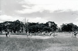 Fotografías con imágenes del parque de La Paz. Se observan los campos deportivos y el puente de e...