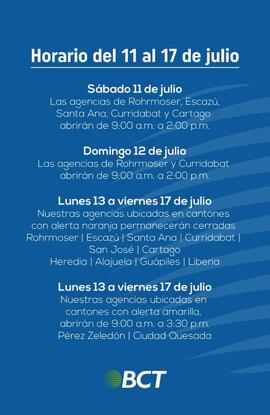 Afiche de horario de agencias del banco BCT ante la crisis por pandemia por COVID-19