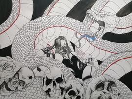 Dibujo de una mujer en medio de serpientes y calaberas