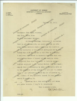 Carta de F. E. Kester de la Universidad de Kansas, solicitando información sobre sismo ocurrido e...