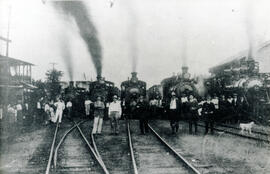 Fotografía de cinco trenes alineados, listos para salir de Siquirres con un cargamento de bananos...