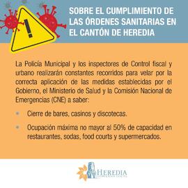 Afiche sobre el cumplimiento de las órdenes sanitarias en el cantón de Heredia, esto en el contex...