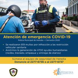Afiche titulado Atención de emergencia COVID 19 por parte de la Policía Municipal de Heredia