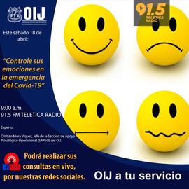 Afiche con información sobre charla titulada Controle sus emociones en la emergencia dla COVID-19