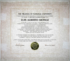 Certificado de los fideicomisarios de la Universidad Nacional de California, otorgado a Luis Albe...