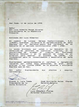 Carta dirigida a Luis Alberto Monge en nombre de LACSA reiterando el agradecimiento por su interv...
