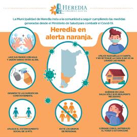 Afiche titulado Heredia en alerta naranja, esto en el contexto de la pandemia ante la COVID-19