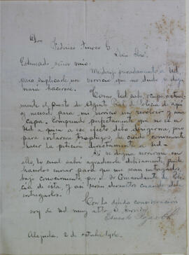 Cartas de particulares dirigidas a Federico Tinoco Granados, Ministro de Guerra: solicitud de mat...