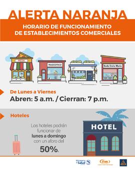 Afiche titulado Alerta naranja. Horario de funcionamiento de establecimientos comerciales esto en...