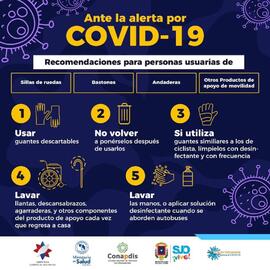 Afiche sobre recomendaciones para personas usuarias de sillas de ruedas, bastones, andaderas, otr...